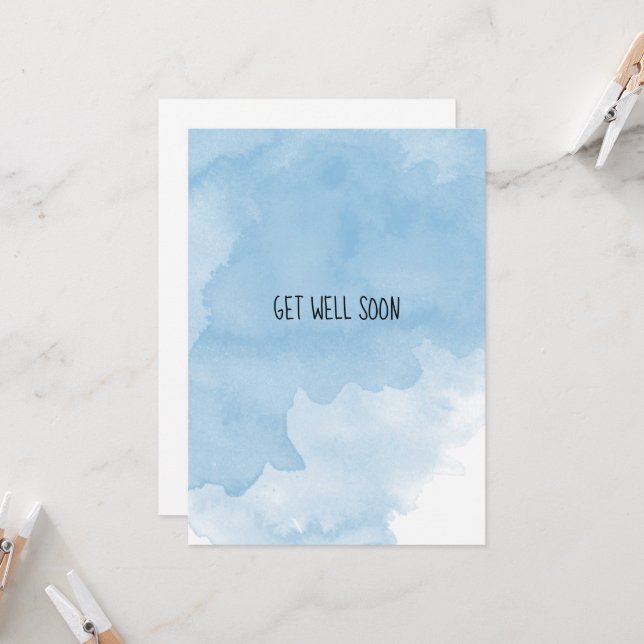 Get Well Soon Blue Watercolor Faded Design Card (Front/Back In Situ)
