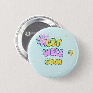 Get well soon bold text with flowers on blue 6 cm round badge