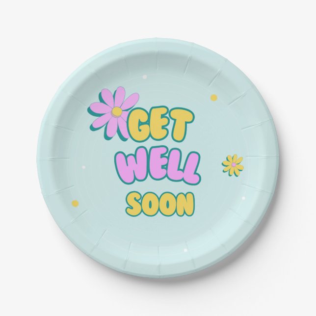 Get well soon bold text with flowers on blue paper plate (Front)