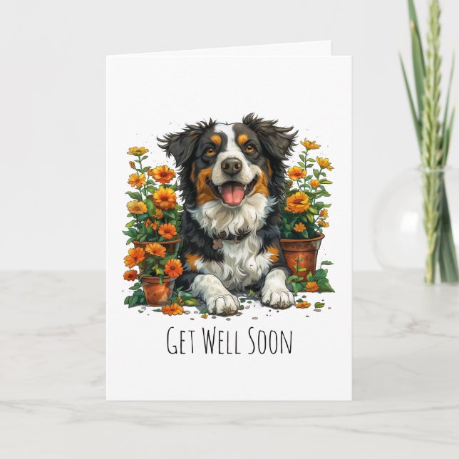 Get Well Soon Border Collie In Flowers Card (Front)