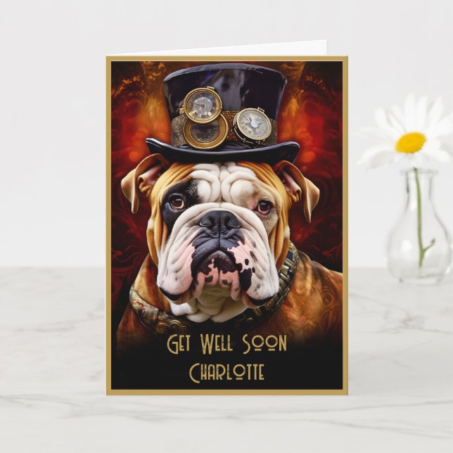 Get Well Soon British Bulldog Custom Name 111 Card (Small Plant)