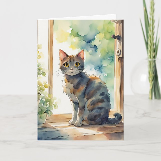 Get Well Soon Calico Cat In Window Card (Front)