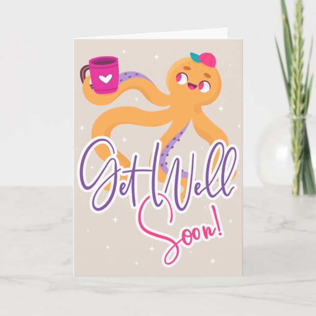 Get Well Soon Cartoon Octopus Greeting Card (Front)