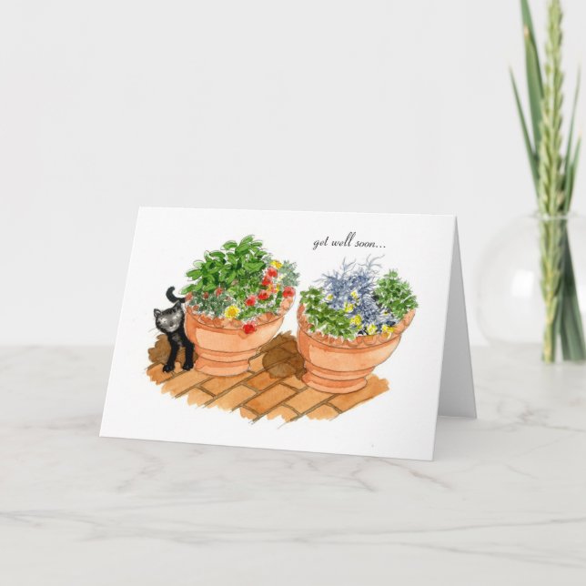 Get well soon, cat and herbs. card (Front)