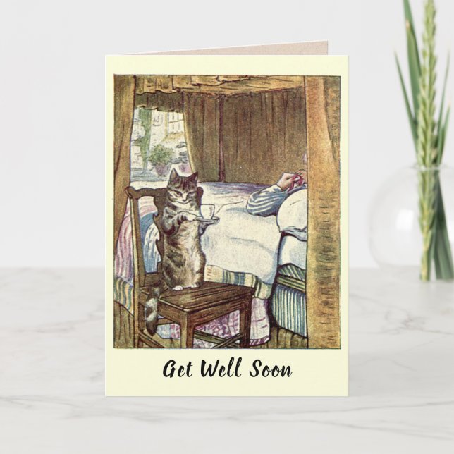 Get Well Soon Cat Serving Tea Card (Front)