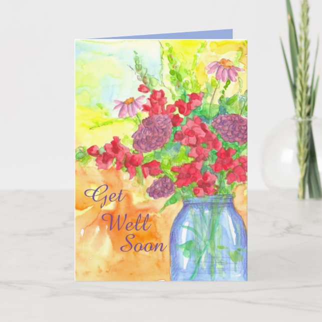 Get Well Soon Cheerful Watercolor Flowers Card (Front)