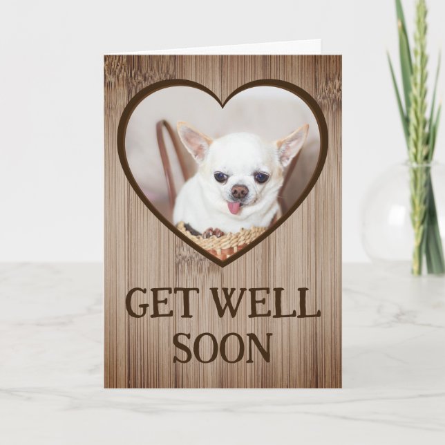 Get well soon cute dog chihuahua basket heart wood card (Front)