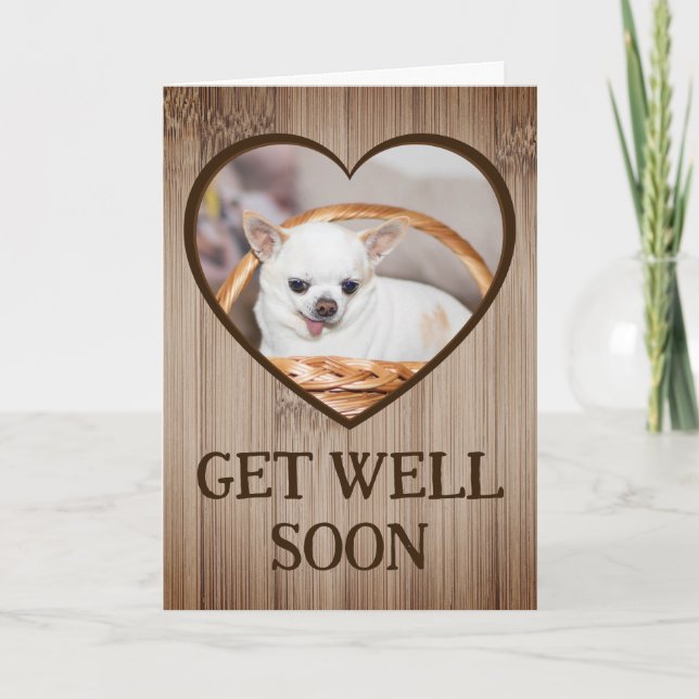 Get well soon cute dog chihuahua basket heart wood card (Front)