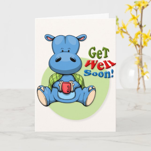 Get Well Soon Cute Hippo Greeting Card (Yellow Flower)