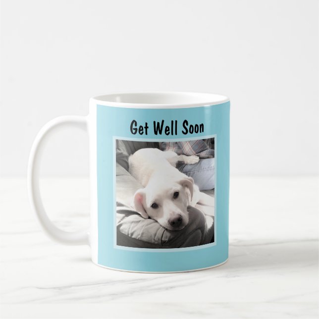 Get Well Soon Cute White Puppy Dog Photo Blue Coffee Mug (Left)
