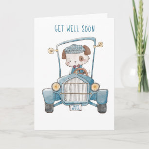 "GET WELL SOON" DOG WITH HAT IN OLD CAR WATERCOLOR CARD
