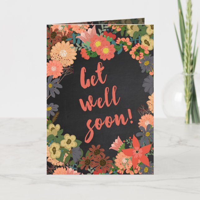 Get Well Soon Florals on Chalkboard Background Card (Front)