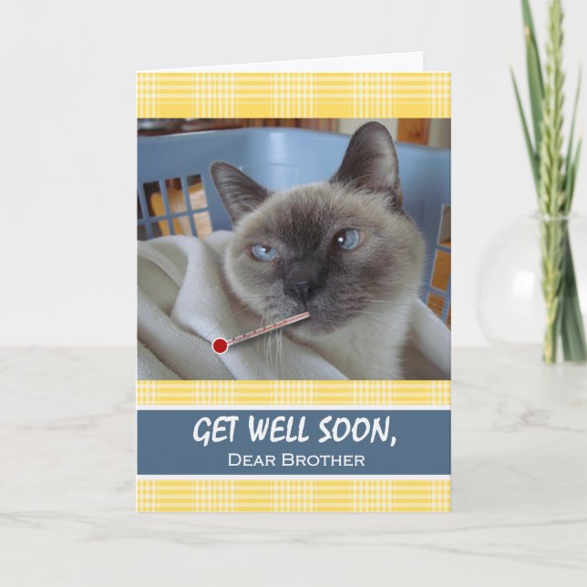 Get Well Soon for Brother, Sick Cat in Basket Card (Front)