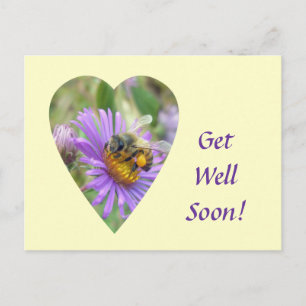 Get Well Soon Honeybee on Fall Asters Heart Postcard