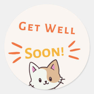 Get well soon message with cute cat classic round sticker