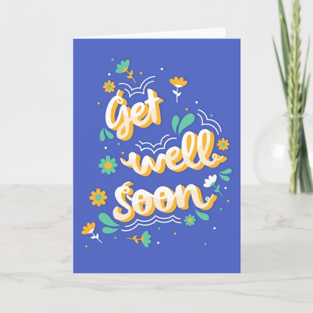 Get Well Soon Modern Blue and Yellow Typography Card (Front)