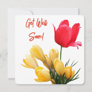 Get well soon pretty yellow crocus red tulip fun holiday card