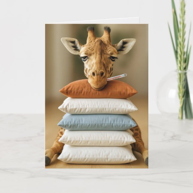 Get Well Soon Sick Giraffe On Bed Pillows Card (Front)