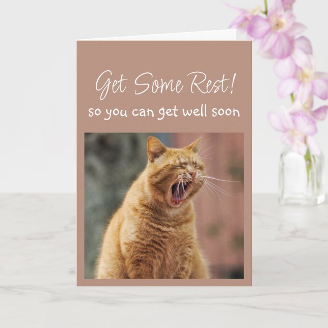 Get Well Soon Sleepy Yawning Cat Animal Fun Card (Orchid)