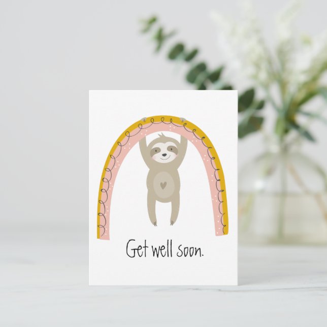 Get Well Soon Sloth and Rainbow Postcard (Standing Front)
