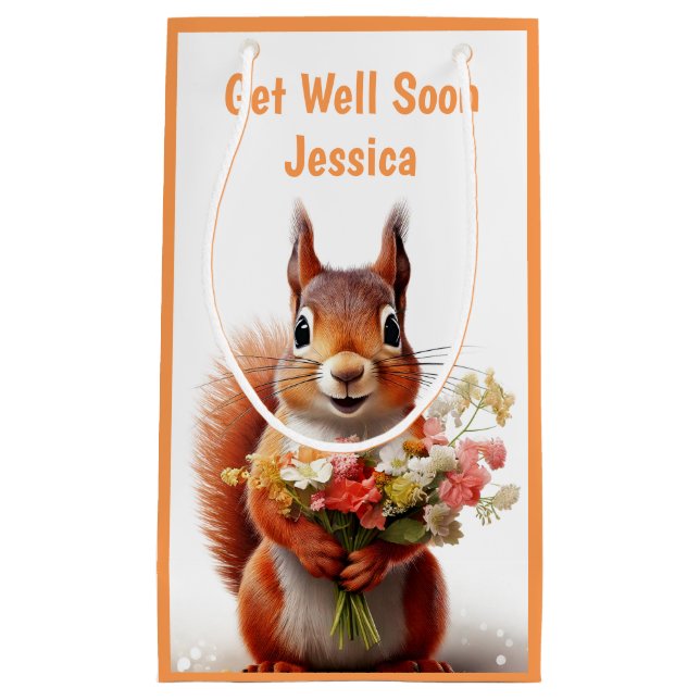 Get Well Soon Squirrel Cute Personalised Name Small Gift Bag (Front)