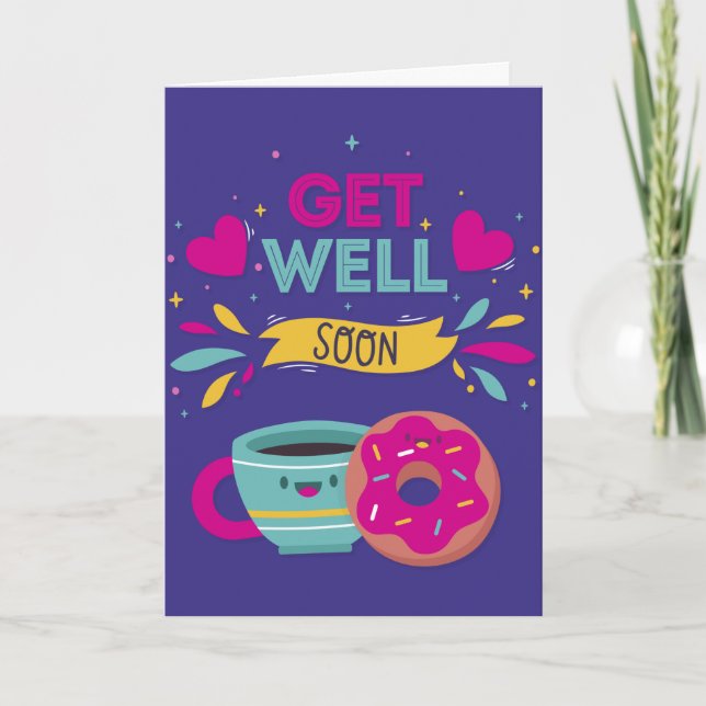 Get Well Soon Sweet Doughnut and Coffee Greeting Card (Front)