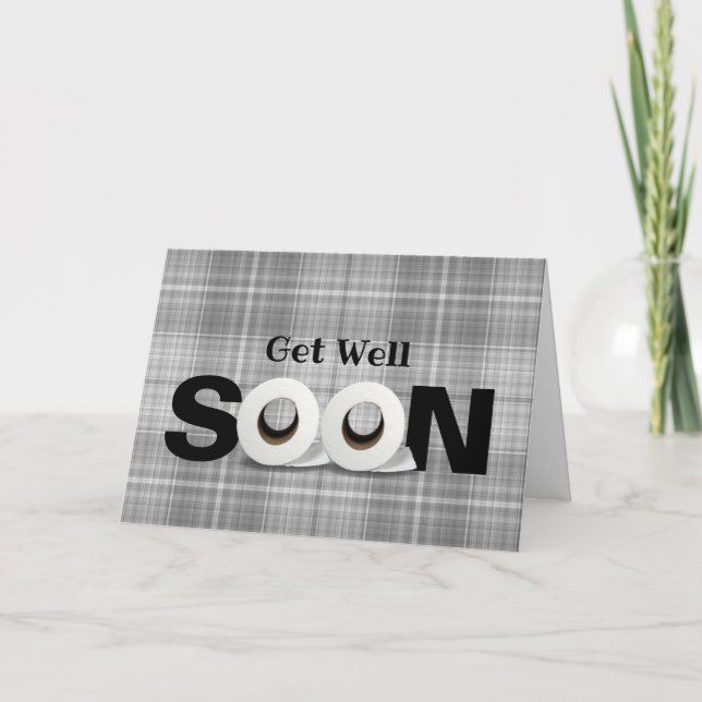 Get Well Soon toilet paper roll grey plaid Card (Front)