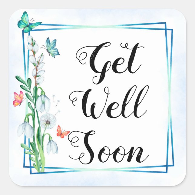 Get well soon, watercolor flowers and butterflies square sticker (Front)