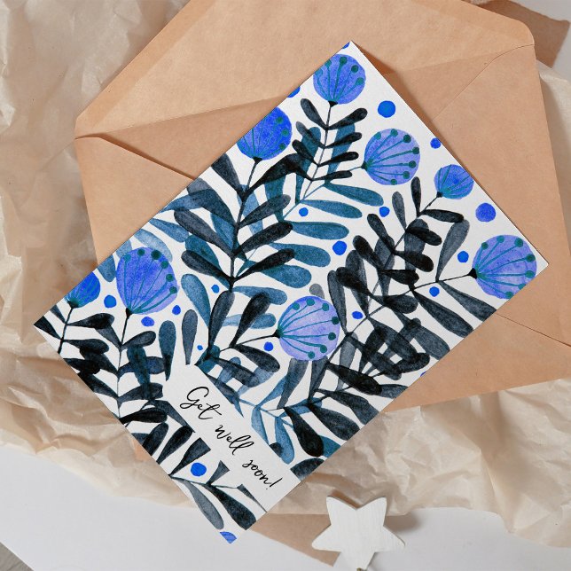 Get well soon Whimsical blue flowers and foliage Card (Creator Uploaded)