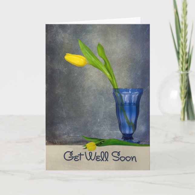 Get Well Soon yellow tulip in blue glass Card (Front)