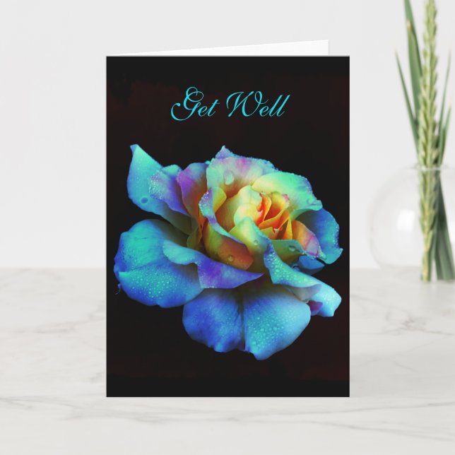 Get Well Turquoise Rainbow Rose Card (Front)