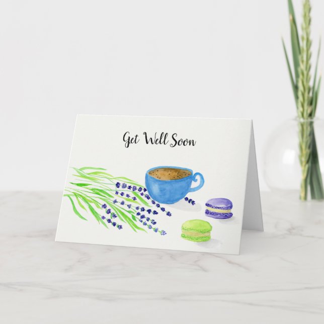Get Well Watercolor Coffee, Lavender, Macaroons Holiday Card (Front)
