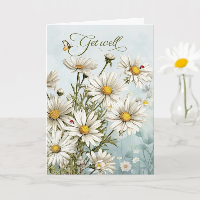 Get Well White Daisy Garden with Butterflies Card (Small Plant)