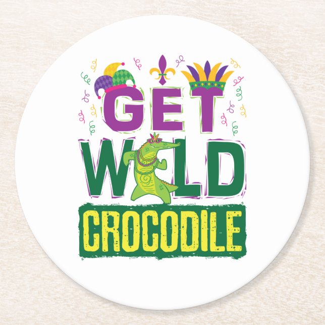 Get Wild Crocodile Mardi Gras Alligator Round Paper Coaster (Front)