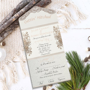 Gettin' Hitched Ribbon & Lace - Cream All In One Invitation