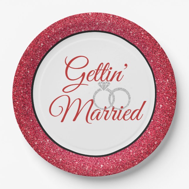 Gettin' Married Red Glitter 9" Paper Plates (Front)