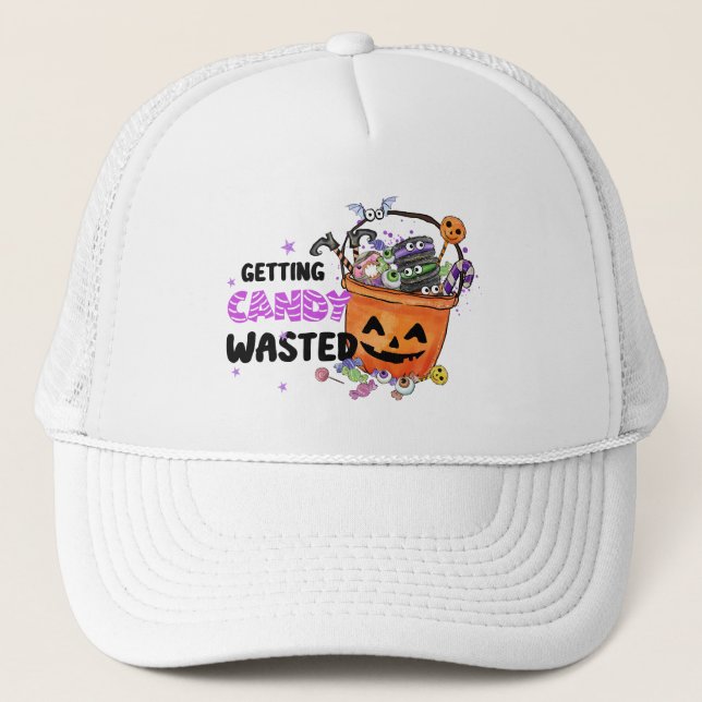 Getting Candy Wasted – Jack-o'-Lantern Basket Trucker Hat (Front)