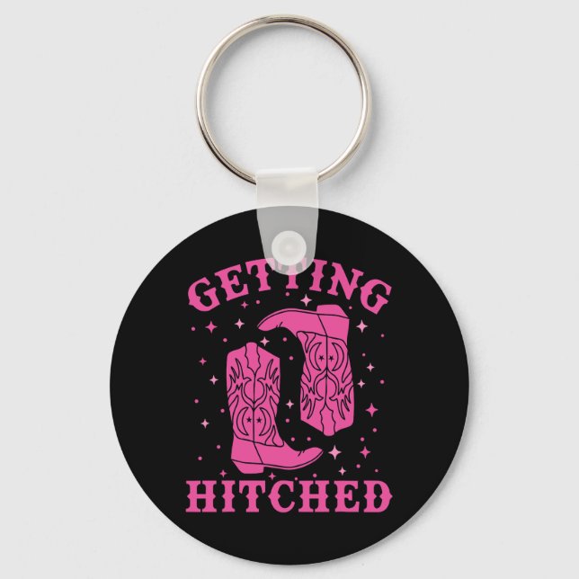 Getting Hitched Bride Groom Western Wedding Bachel Key Ring (Front)