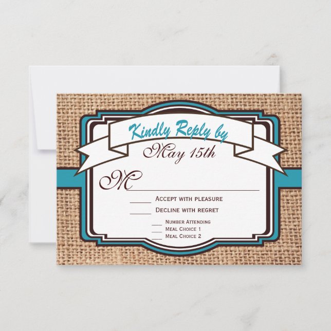 Getting Hitched Burlap Teal Wedding RSVP Cards (Front)