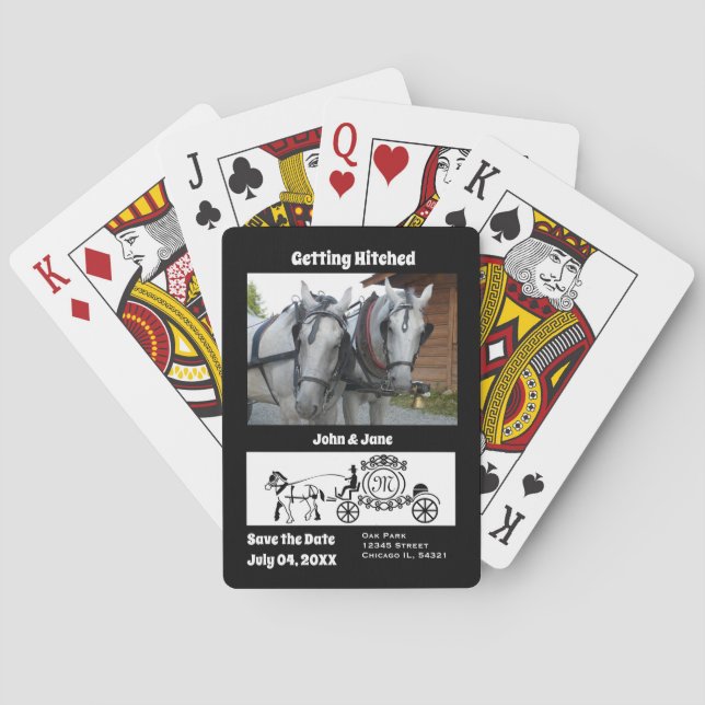 Getting Hitched Horse Wagon Photo Monogram Playing Cards (Back)