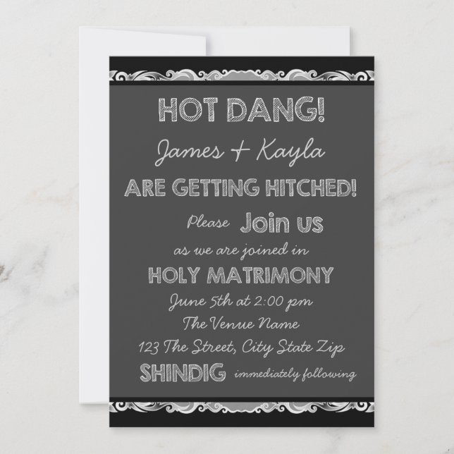 Getting Hitched Rustic Chalkboard Country Wedding Invitation (Front)