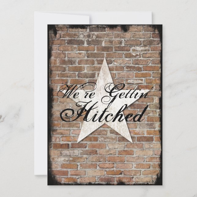 Getting Hitched Rustic Star Brick Wedding Invites (Front)