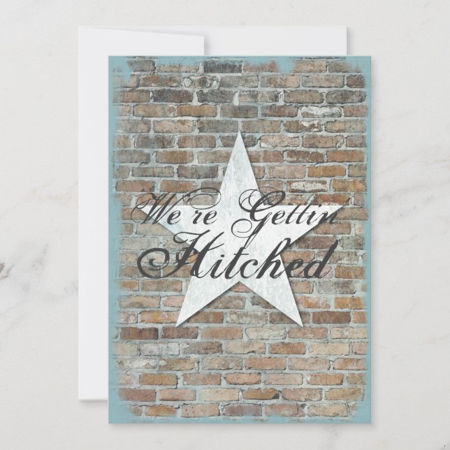 Getting Hitched Rustic Star Brick Wedding Invites (Front)