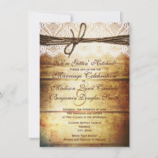 Getting Hitched Rustic Wood Wedding Invitations (Front)