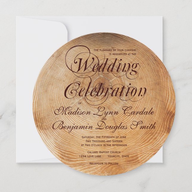 Getting Hitched Wood Tree Rings Wedding Invitation (Front)