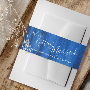 Getting married sapphire blue abstract art wedding invitation belly band