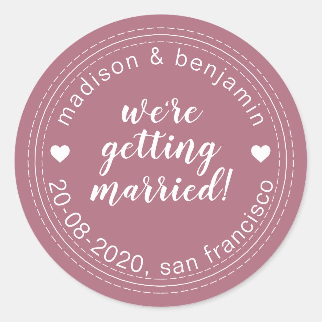 Getting Married Save the Date Purple Cassis Classic Round Sticker (Front)