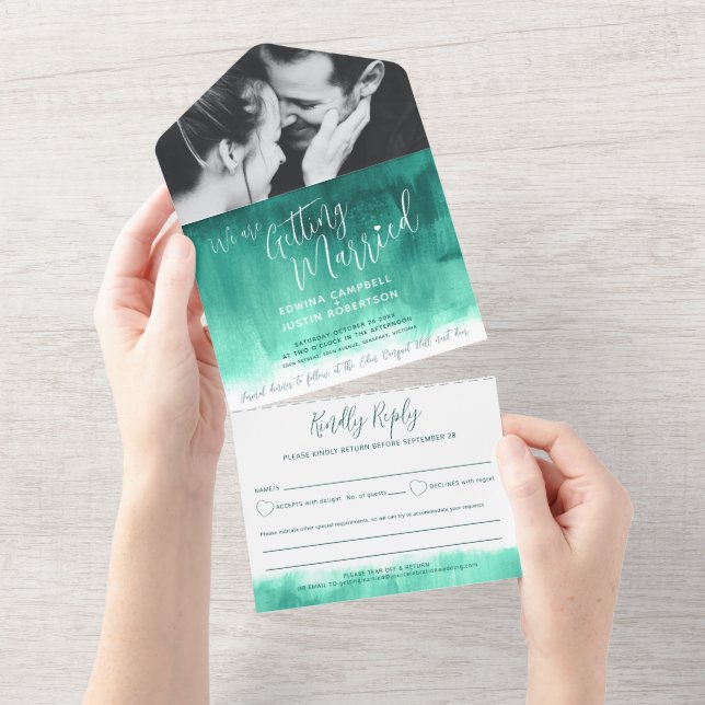 Getting married wedding photo emerald green rsvp all in one invitation (Tearaway)