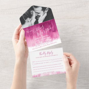 Getting married wedding photo red pink rsvp text all in one invitation