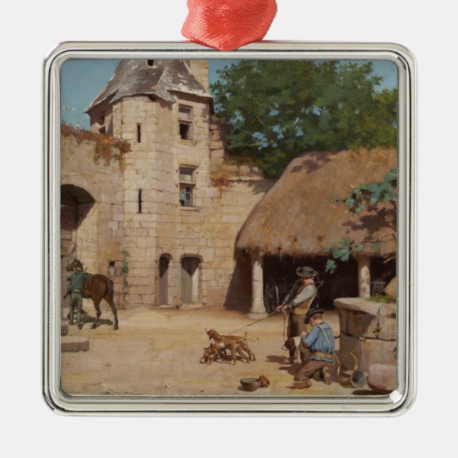 Getting Ready for the Hunt (Mediaeval Scene) Metal Ornament (Front)